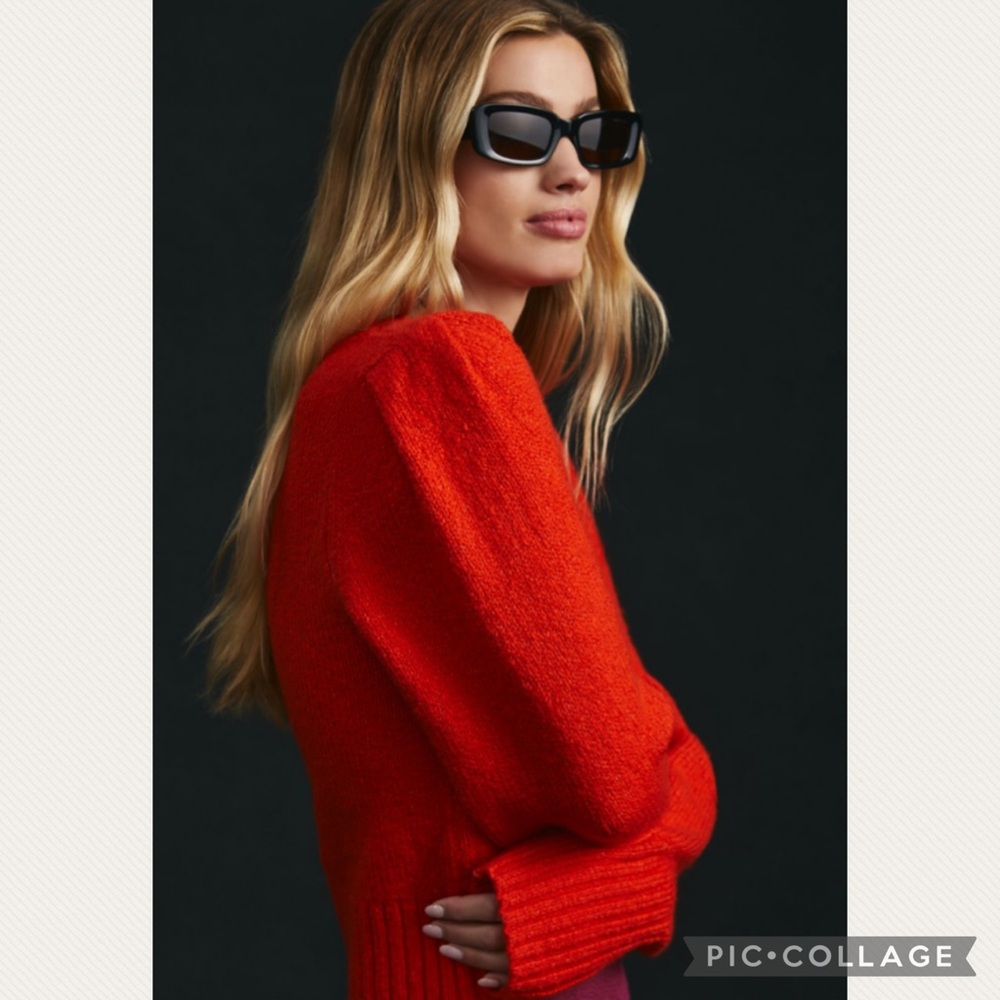 Anthropologie Maeve Crewneck Puff-Sleeve Sweater in Red - Picture 4 of 10
